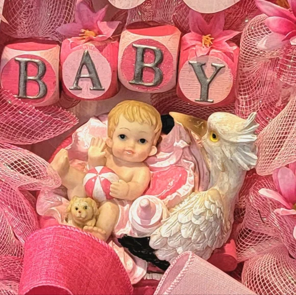 It's a Girl Wreath Deco Mesh Hand Painted Baby Stork Floral - Picture 5 of 13